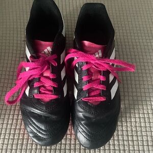 Adidas kid’s Black Athletic Shoes with Pink Laces.